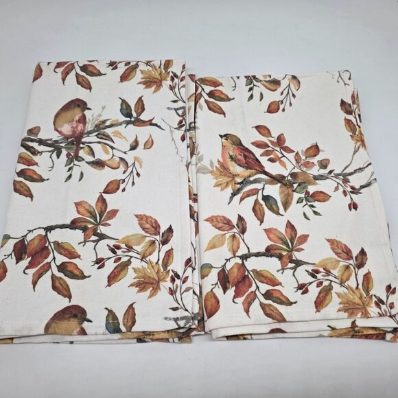 Nicole Miller Home Cotton Fall Bird & Leaves Print Kitchen Towels Set Of 2 - Picture 7 of 10
